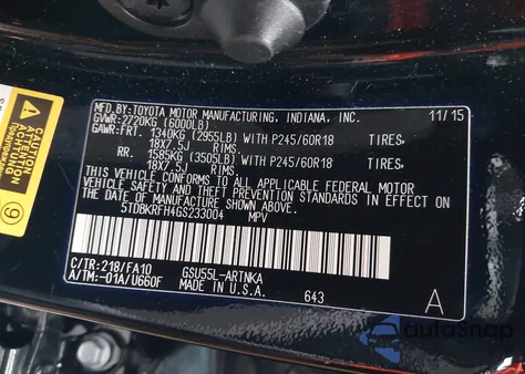 2016 Toyota Highlander Le Plus V6 from USA, damaged, VIN 5TDBKRFH4GS233004